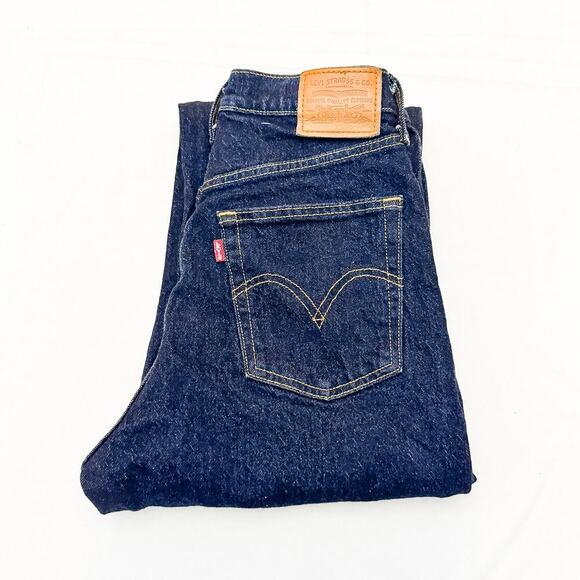 Levi's Ribcage Straight Dark Wash Button Fly Denim Jeans Raw Hem Size 28 - Picture 1 of 9